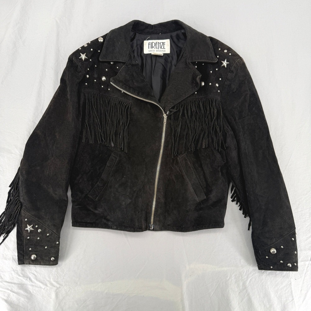 Vintage Firenze Santa Barbara Black Suede Fringe Studded Star Western Jacket L